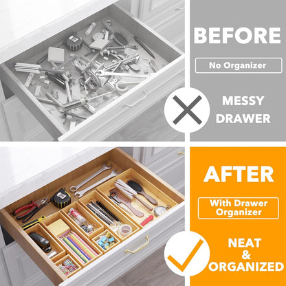 7-Piece Bamboo Drawer Organizer Storage Boxes Set, Wood Tray Junk Drawer Organizers Multi-Use Divider Bins for Kitchen, Bathroom, Office Desk and Makeup Organization (7 Pack, Natural)