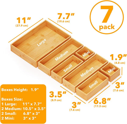 7-Piece Bamboo Drawer Organizer Storage Boxes Set, Wood Tray Junk Drawer Organizers Multi-Use Divider Bins for Kitchen, Bathroom, Office Desk and Makeup Organization (7 Pack, Natural)