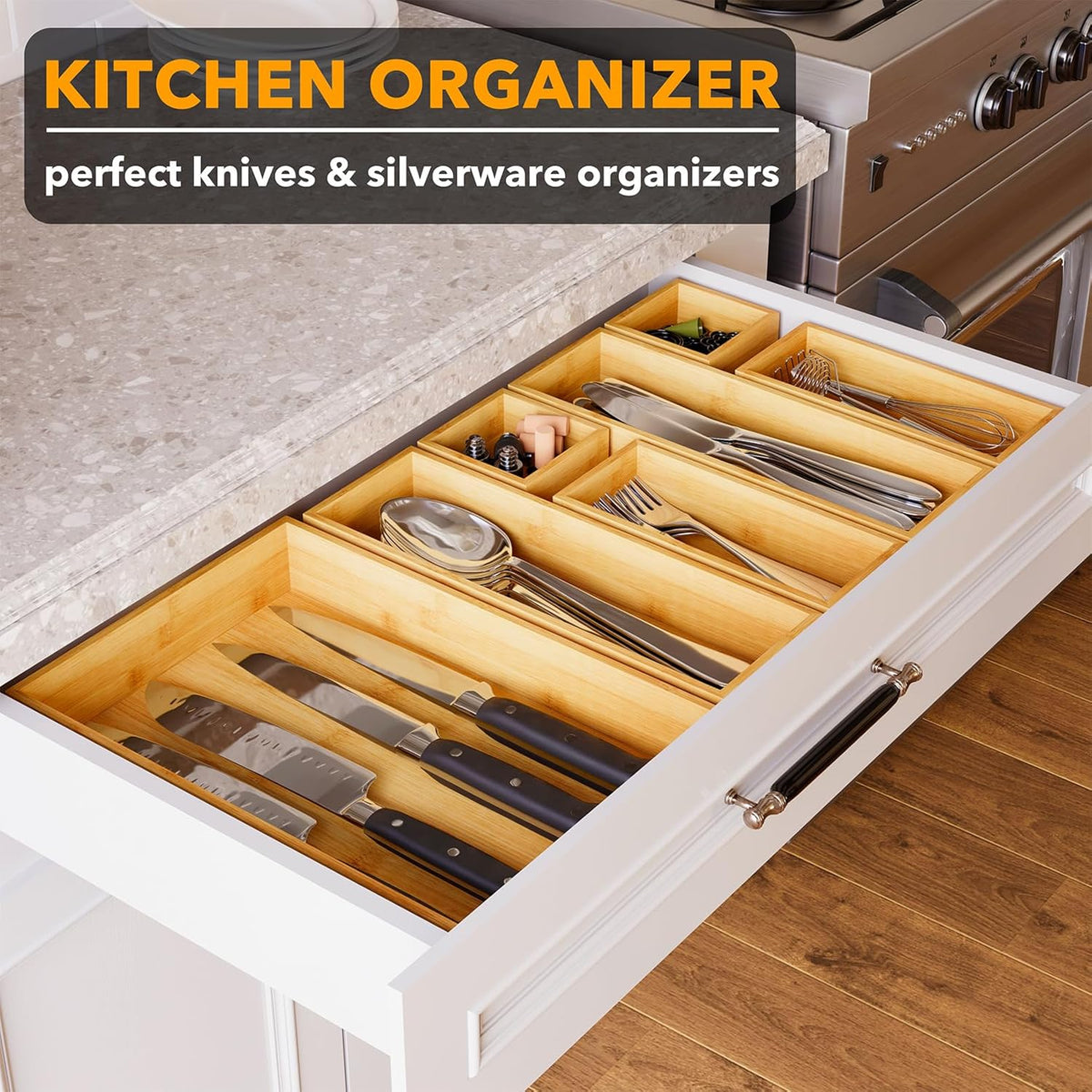 7-Piece Bamboo Drawer Organizer Storage Boxes Set, Wood Tray Junk Drawer Organizers Multi-Use Divider Bins for Kitchen, Bathroom, Office Desk and Makeup Organization (7 Pack, Natural)