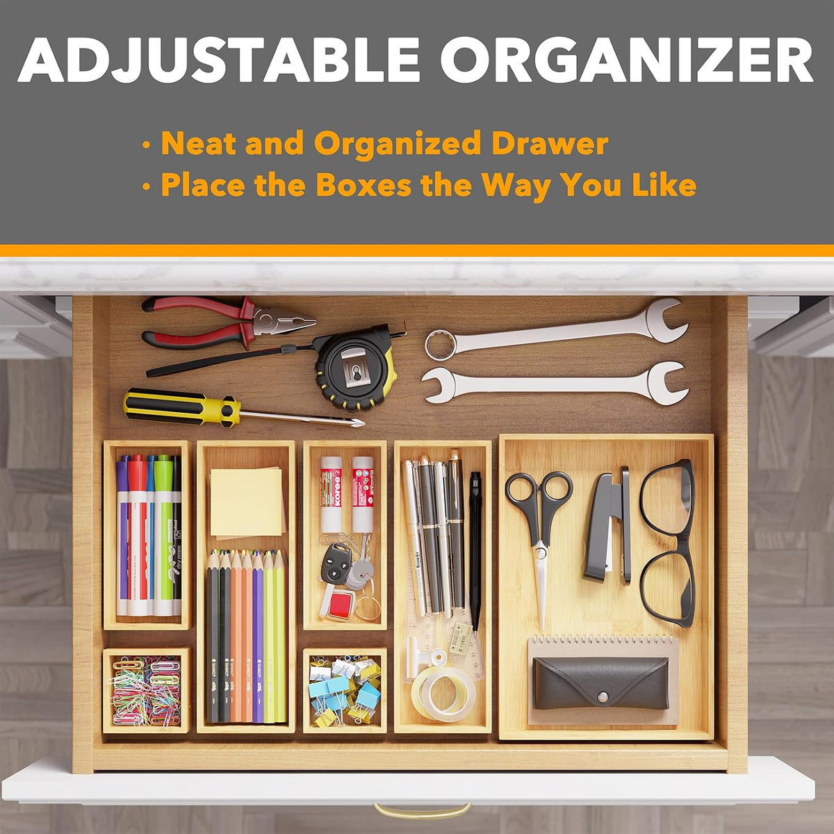 7-Piece Bamboo Drawer Organizer Storage Boxes Set, Wood Tray Junk Drawer Organizers Multi-Use Divider Bins for Kitchen, Bathroom, Office Desk and Makeup Organization (7 Pack, Natural)