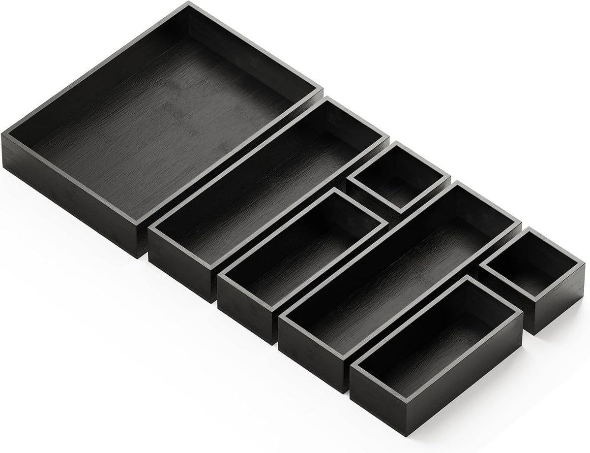 7-Piece Bamboo Drawer Organizer Storage Boxes Set, Wood Tray Junk Drawer Organizers Multi-Use Divider Bins for Kitchen, Bathroom, Office Desk and Makeup Organization (7 Pack, Natural)