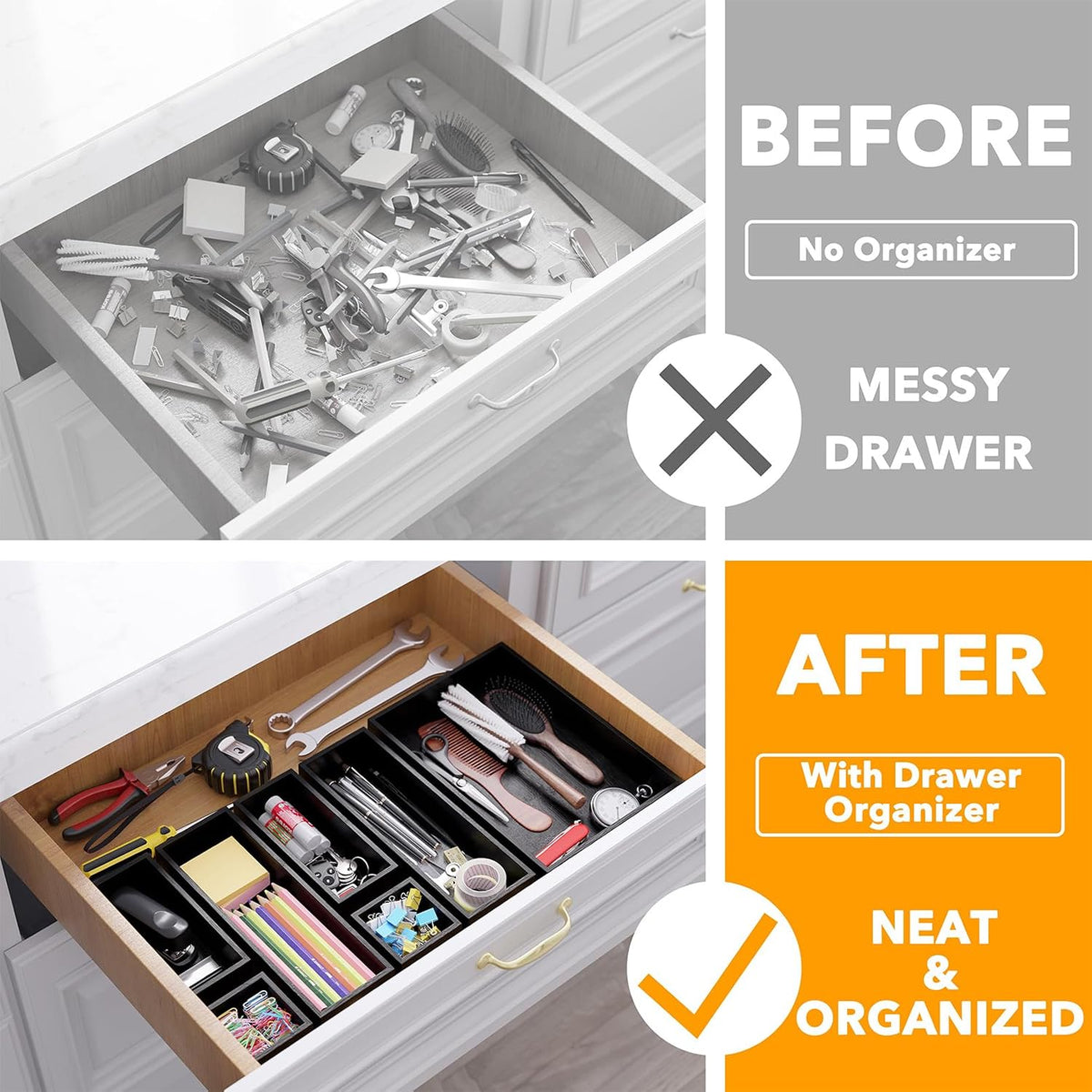 7-Piece Bamboo Drawer Organizer Storage Boxes Set, Wood Tray Junk Drawer Organizers Multi-Use Divider Bins for Kitchen, Bathroom, Office Desk and Makeup Organization (7 Pack, Natural)
