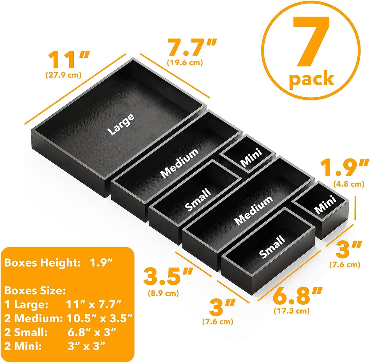 7-Piece Bamboo Drawer Organizer Storage Boxes Set, Wood Tray Junk Drawer Organizers Multi-Use Divider Bins for Kitchen, Bathroom, Office Desk and Makeup Organization (7 Pack, Natural)