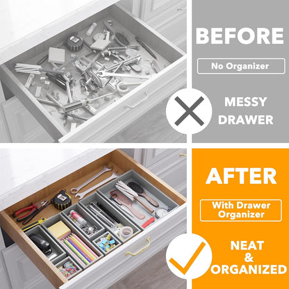 7-Piece Bamboo Drawer Organizer Storage Boxes Set, Wood Tray Junk Drawer Organizers Multi-Use Divider Bins for Kitchen, Bathroom, Office Desk and Makeup Organization (7 Pack, Natural)