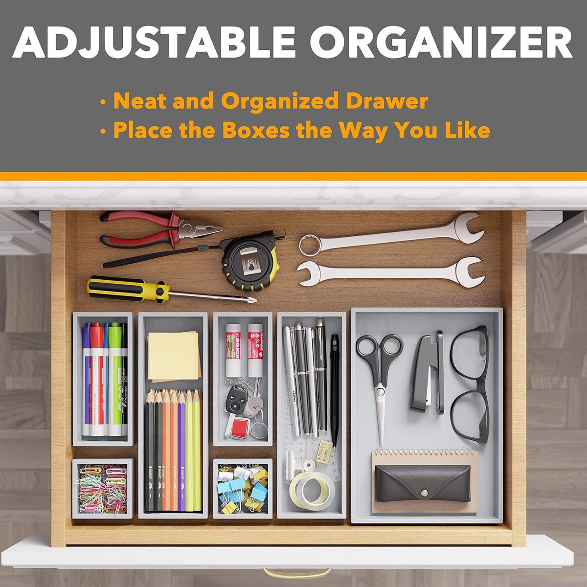 7-Piece Bamboo Drawer Organizer Storage Boxes Set, Wood Tray Junk Drawer Organizers Multi-Use Divider Bins for Kitchen, Bathroom, Office Desk and Makeup Organization (7 Pack, Natural)