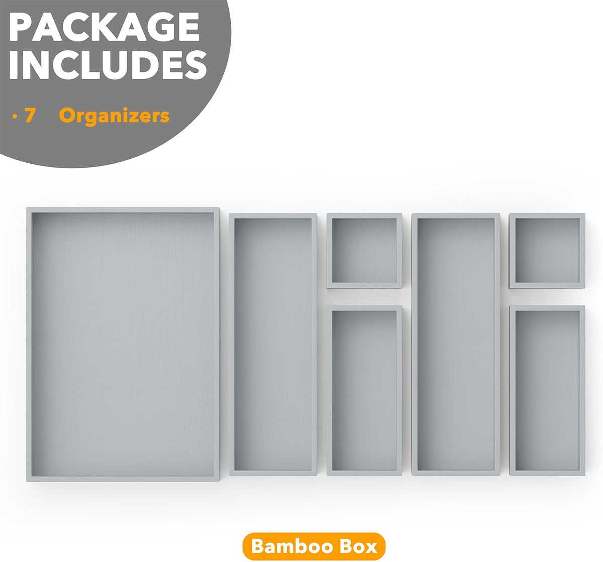 7-Piece Bamboo Drawer Organizer Storage Boxes Set, Wood Tray Junk Drawer Organizers Multi-Use Divider Bins for Kitchen, Bathroom, Office Desk and Makeup Organization (7 Pack, Natural)