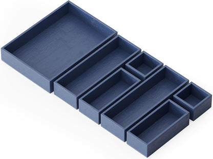 7-Piece Bamboo Drawer Organizer Storage Boxes Set, Wood Tray Junk Drawer Organizers Multi-Use Divider Bins for Kitchen, Bathroom, Office Desk and Makeup Organization (7 Pack, Natural)