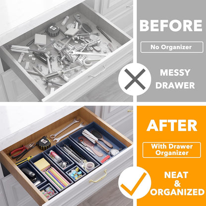 7-Piece Bamboo Drawer Organizer Storage Boxes Set, Wood Tray Junk Drawer Organizers Multi-Use Divider Bins for Kitchen, Bathroom, Office Desk and Makeup Organization (7 Pack, Natural)