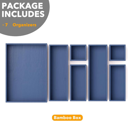 7-Piece Bamboo Drawer Organizer Storage Boxes Set, Wood Tray Junk Drawer Organizers Multi-Use Divider Bins for Kitchen, Bathroom, Office Desk and Makeup Organization (7 Pack, Natural)