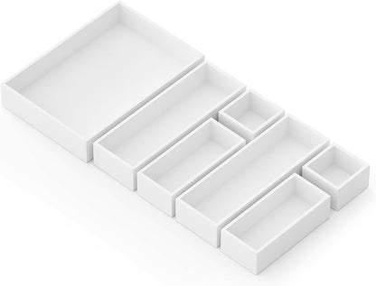 7-Piece Bamboo Drawer Organizer Storage Boxes Set, Wood Tray Junk Drawer Organizers Multi-Use Divider Bins for Kitchen, Bathroom, Office Desk and Makeup Organization (7 Pack, Natural)