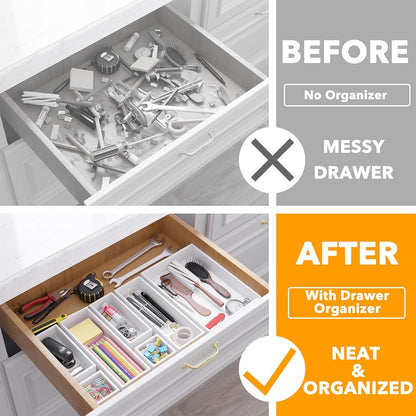 7-Piece Bamboo Drawer Organizer Storage Boxes Set, Wood Tray Junk Drawer Organizers Multi-Use Divider Bins for Kitchen, Bathroom, Office Desk and Makeup Organization (7 Pack, Natural)
