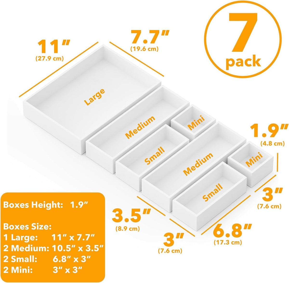 7-Piece Bamboo Drawer Organizer Storage Boxes Set, Wood Tray Junk Drawer Organizers Multi-Use Divider Bins for Kitchen, Bathroom, Office Desk and Makeup Organization (7 Pack, Natural)
