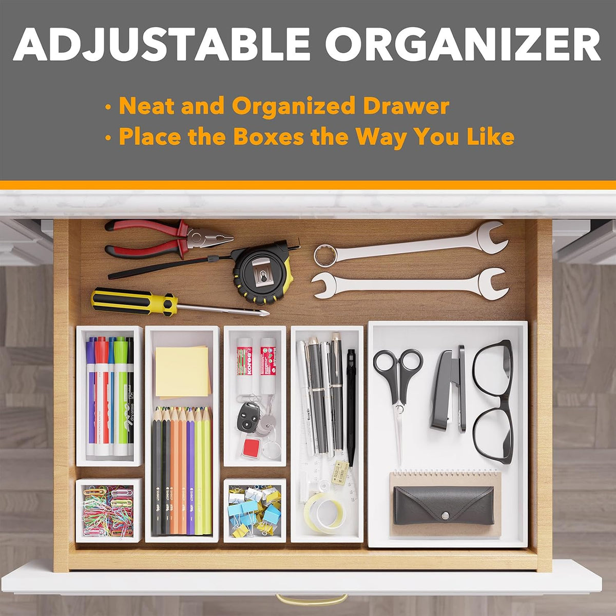 7-Piece Bamboo Drawer Organizer Storage Boxes Set, Wood Tray Junk Drawer Organizers Multi-Use Divider Bins for Kitchen, Bathroom, Office Desk and Makeup Organization (7 Pack, Natural)
