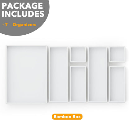 7-Piece Bamboo Drawer Organizer Storage Boxes Set, Wood Tray Junk Drawer Organizers Multi-Use Divider Bins for Kitchen, Bathroom, Office Desk and Makeup Organization (7 Pack, Natural)