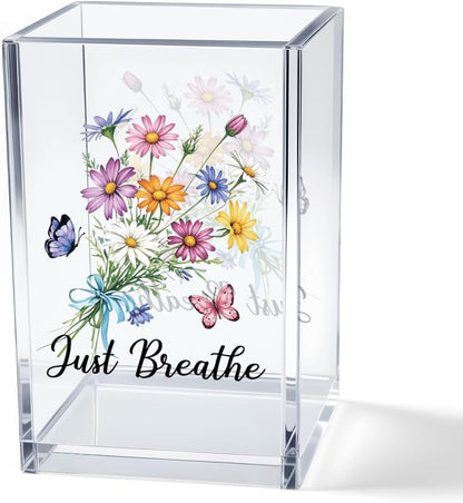 Just Breathe Acrylic Cosmetic Pencil Pen Holder Cup, Hope Inspirational Makeup Brush Organizer Holder, Women Faith Gifts, Encouragement Gifts for Women Mom Daughter Sister Friend Yoga Teacher
