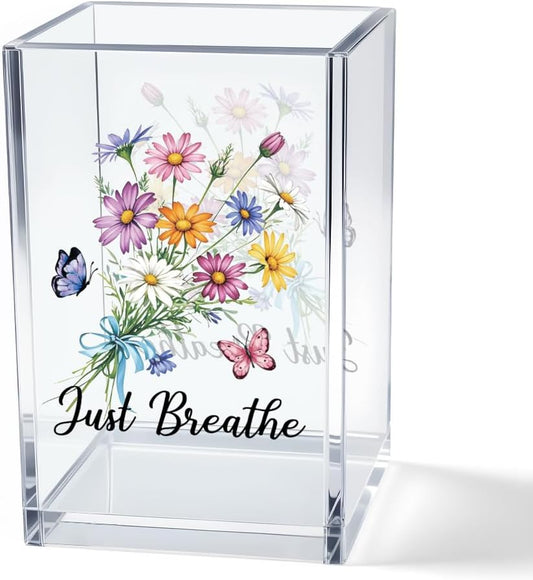 Just Breathe Acrylic Cosmetic Pencil Pen Holder Cup, Hope Inspirational Makeup Brush Organizer Holder, Women Faith Gifts, Encouragement Gifts for Women Mom Daughter Sister Friend Yoga Teacher