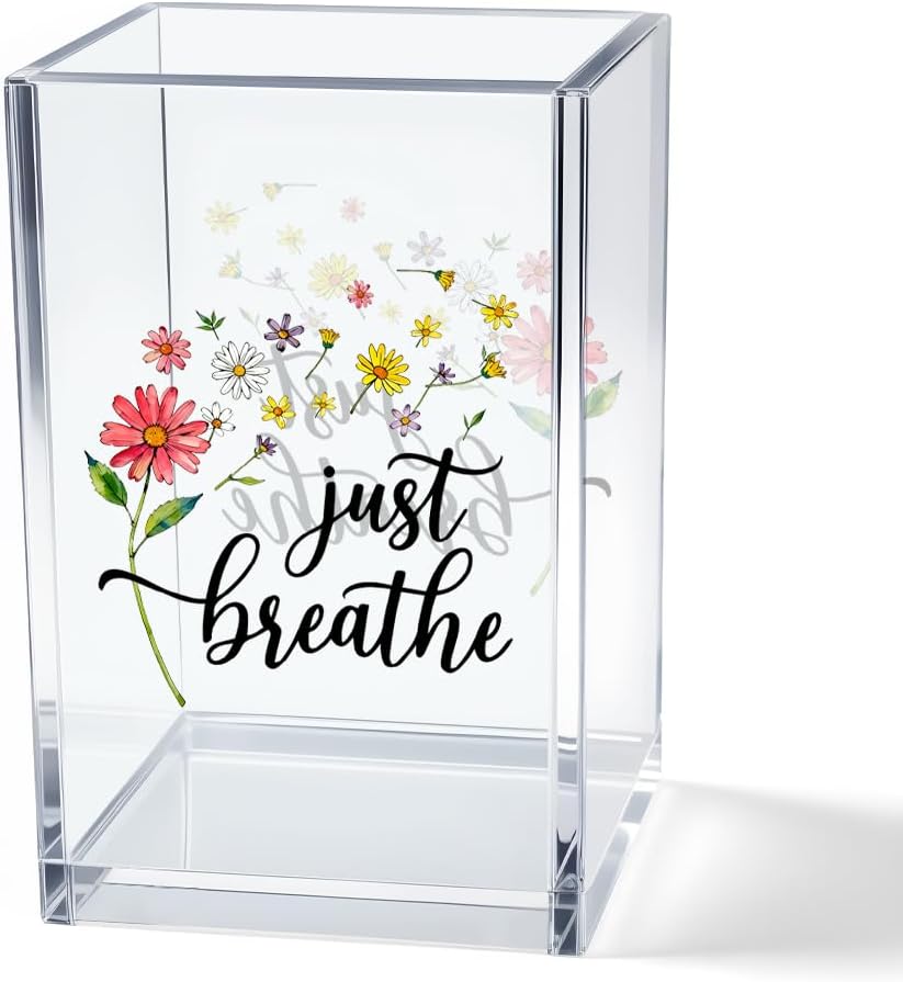 Just Breathe Acrylic Cosmetic Pencil Pen Holder Cup, Hope Inspirational Makeup Brush Organizer Holder, Women Faith Gifts, Encouragement Gifts for Women Mom Daughter Sister Friend Yoga Teacher