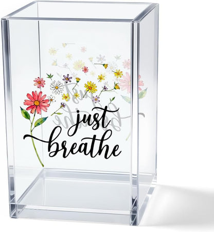 Just Breathe Acrylic Cosmetic Pencil Pen Holder Cup, Hope Inspirational Makeup Brush Organizer Holder, Women Faith Gifts, Encouragement Gifts for Women Mom Daughter Sister Friend Yoga Teacher