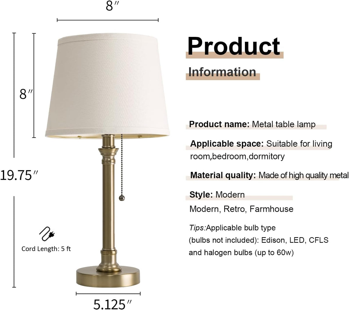 19.5" Small Table Lamp for Bedroom - Bedside Lamps for Nightstand