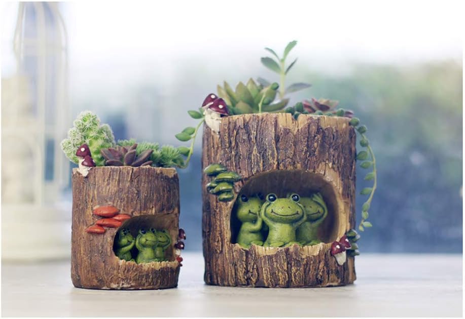 Cute Animal Resin Succulent Plant Pot Cactus Plant Pot Flower Pot Container Planter Bonsai Pots Desk Mini Ornament Pot with A Hole Idea (Frog Tree Hole)