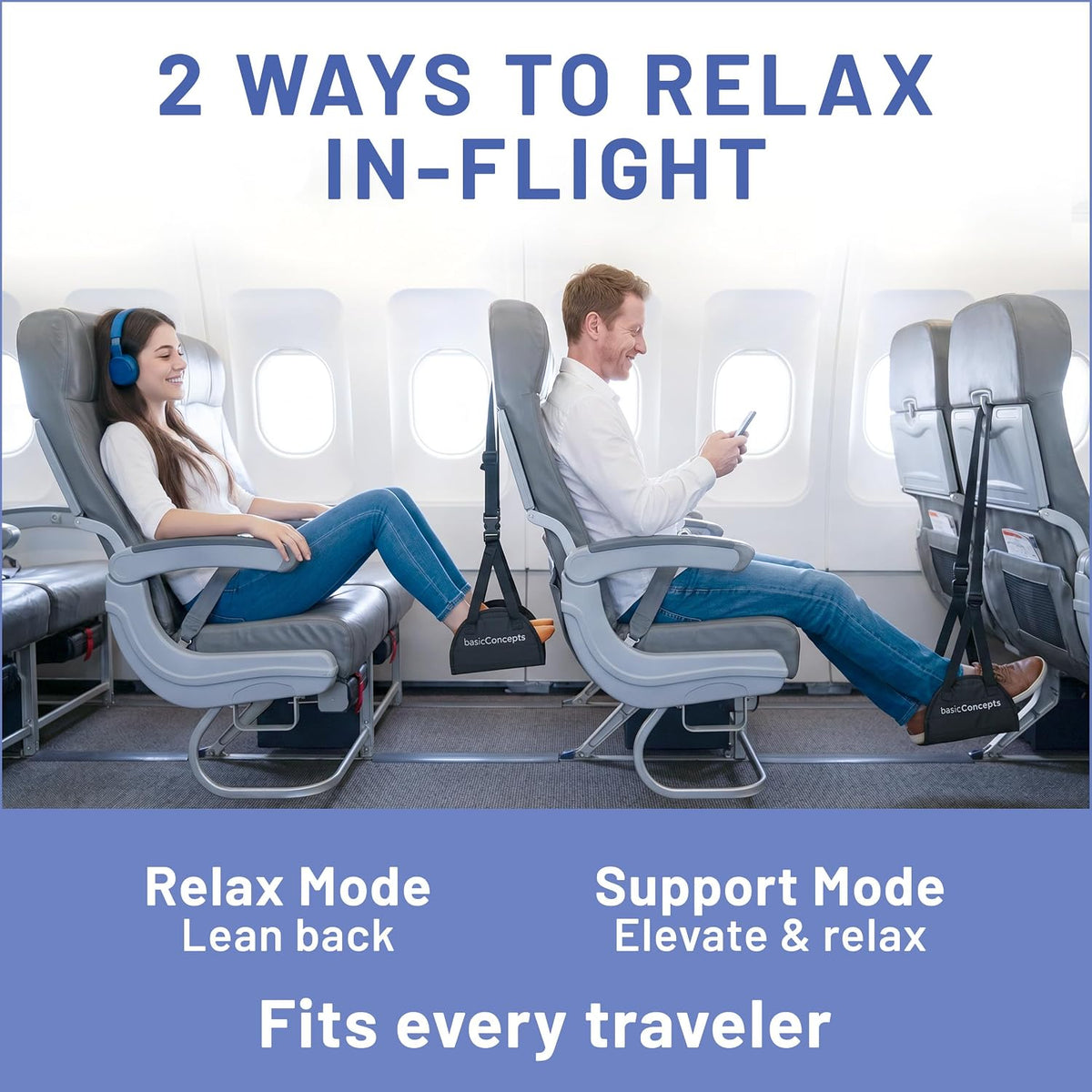 Airplane Adjustable Foot Hammock (2 Pack), Perfect or Office Footrest to Relax Your Feet (Memory Foam) - for Travel Accessories, Desk Hammock, Comfy Hanger