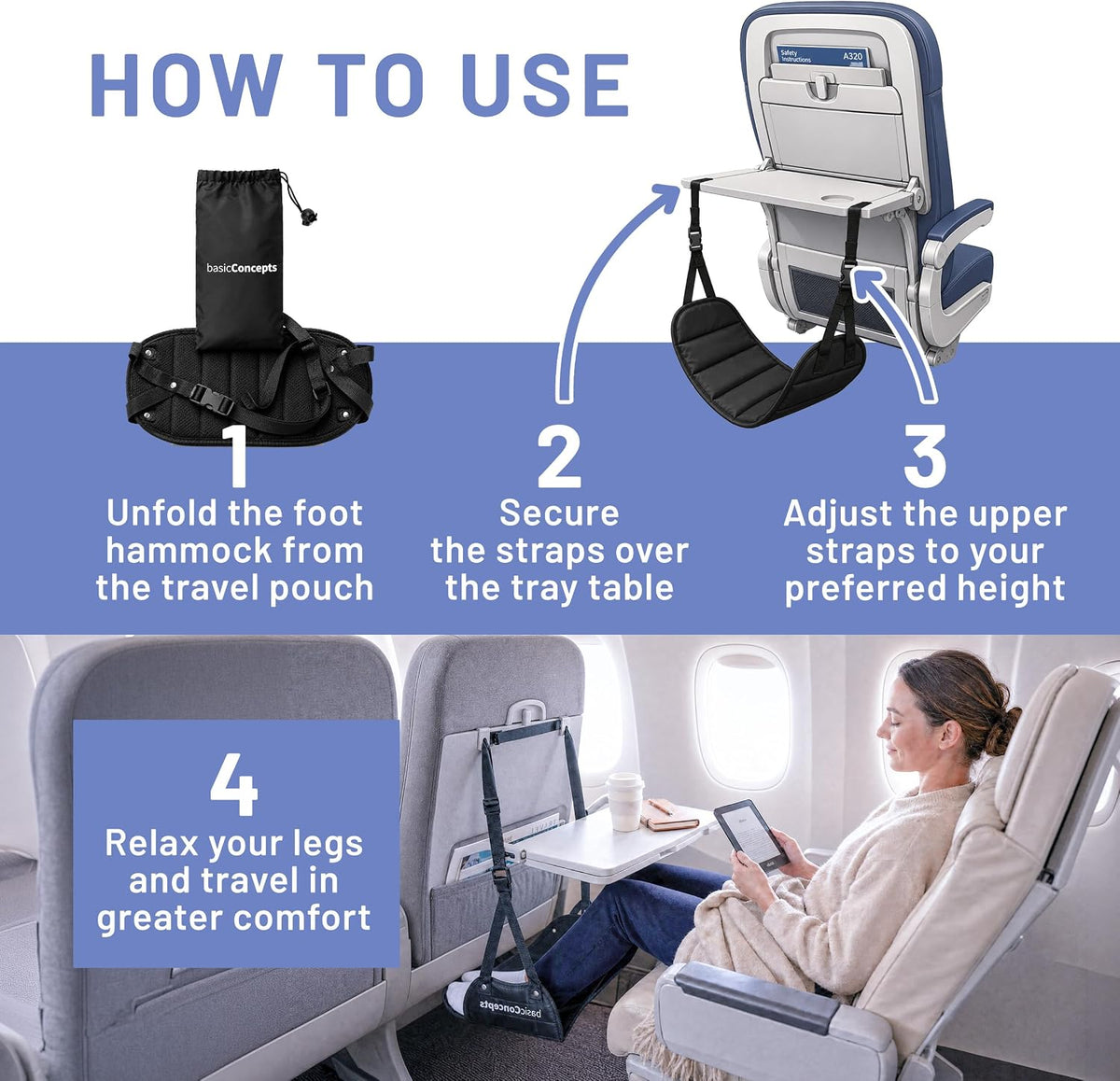 Airplane Adjustable Foot Hammock (2 Pack), Perfect or Office Footrest to Relax Your Feet (Memory Foam) - for Travel Accessories, Desk Hammock, Comfy Hanger