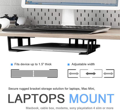 Under Desk Laptop Mount, Metal Under Desk Shelf Holder for Laptop, Mac mini, MacBook, Keyboard with Anti-Scratch Silicone (Black)