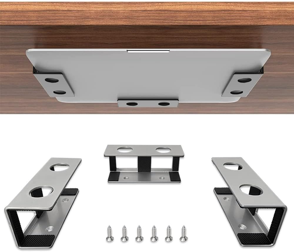 Under Desk Laptop Mount, Metal Under Desk Shelf Holder for Laptop, Mac mini, MacBook, Keyboard with Anti-Scratch Silicone (Black)