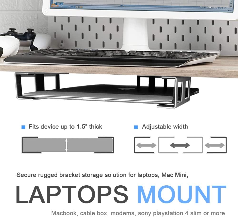 Under Desk Laptop Mount, Metal Under Desk Shelf Holder for Laptop, Mac mini, MacBook, Keyboard with Anti-Scratch Silicone (Black)