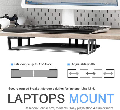 Under Desk Laptop Mount, Metal Under Desk Shelf Holder for Laptop, Mac mini, MacBook, Keyboard with Anti-Scratch Silicone (Black)