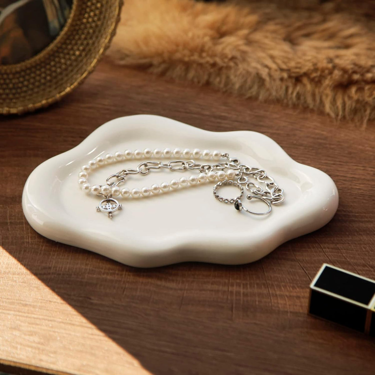 Jewelry Dish Trinket Tray for Women, Ring Dish Holder, Unique Cloud Shape Ceramic Plate Cute Things Vanity Aesthetic Room Decor Mother's Day Birthday (White)