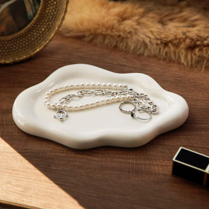 Jewelry Dish Trinket Tray for Women, Ring Dish Holder, Unique Cloud Shape Ceramic Plate Cute Things Vanity Aesthetic Room Decor Mother's Day Birthday (White)