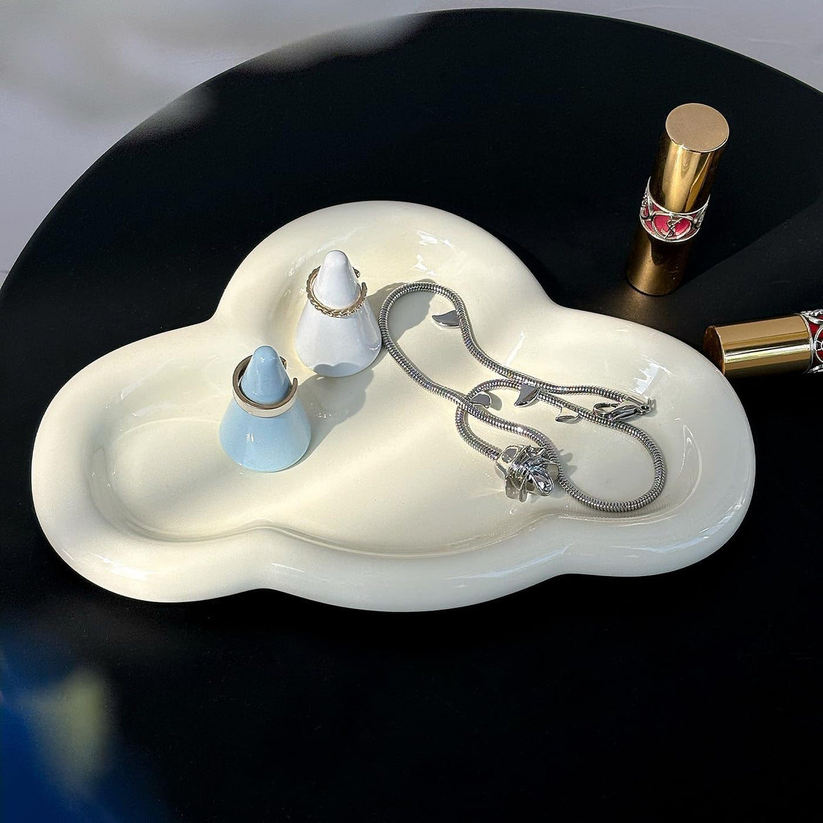 Jewelry Dish Trinket Tray for Women, Ring Dish Holder, Unique Cloud Shape Ceramic Plate Cute Things Vanity Aesthetic Room Decor Mother's Day Birthday (White)