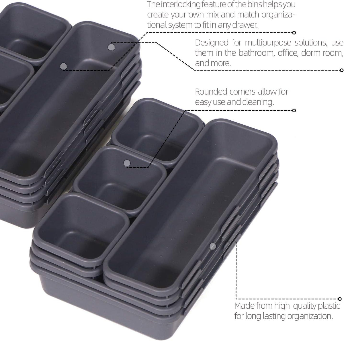 Set of 24 Interlocking Desk Drawer Organizer Tray Dividers Plastic Shallow Narrow Drawers Organizers Separators Storage Bins Container for Kitchen Bathroom Makeup Office Vanity Bedroom Dresser