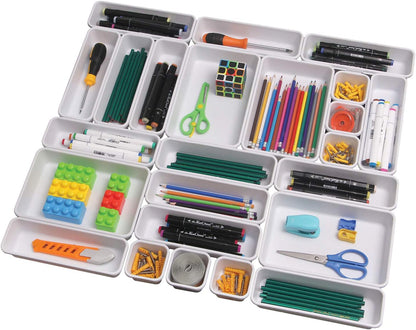 Set of 24 Interlocking Desk Drawer Organizer Tray Dividers Plastic Shallow Narrow Drawers Organizers Separators Storage Bins Container for Kitchen Bathroom Makeup Office Vanity Bedroom Dresser