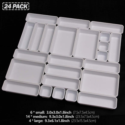 Set of 24 Interlocking Desk Drawer Organizer Tray Dividers Plastic Shallow Narrow Drawers Organizers Separators Storage Bins Container for Kitchen Bathroom Makeup Office Vanity Bedroom Dresser