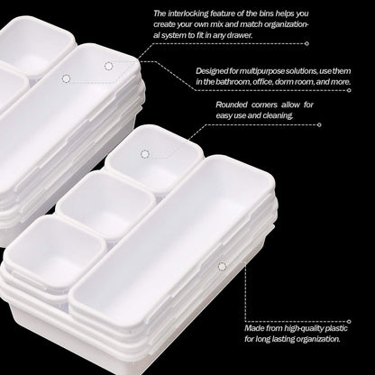 Set of 24 Interlocking Desk Drawer Organizer Tray Dividers Plastic Shallow Narrow Drawers Organizers Separators Storage Bins Container for Kitchen Bathroom Makeup Office Vanity Bedroom Dresser