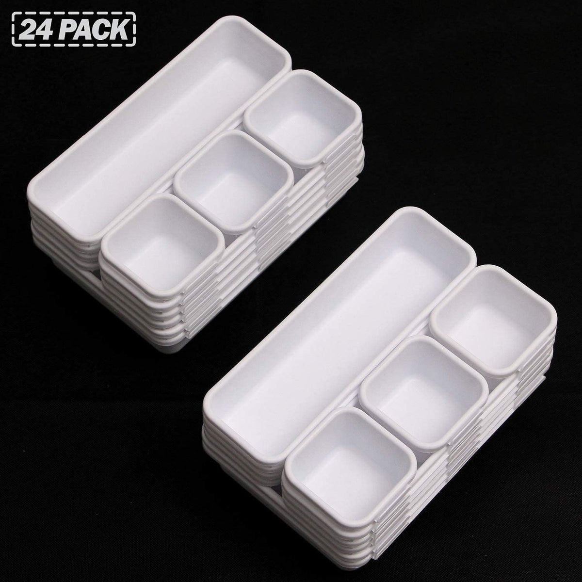 Set of 24 Interlocking Desk Drawer Organizer Tray Dividers Plastic Shallow Narrow Drawers Organizers Separators Storage Bins Container for Kitchen Bathroom Makeup Office Vanity Bedroom Dresser