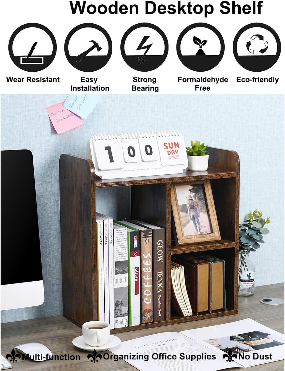 Mass Desktop Bookshelf Freestanding Wooden Countertop Bookcase Accessories Organizer Display Rack Dorm Desk Storage Shelf