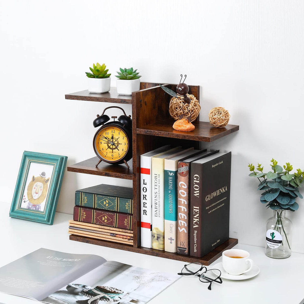 Mass Desktop Bookshelf Freestanding Wooden Countertop Bookcase Accessories Organizer Display Rack Dorm Desk Storage Shelf
