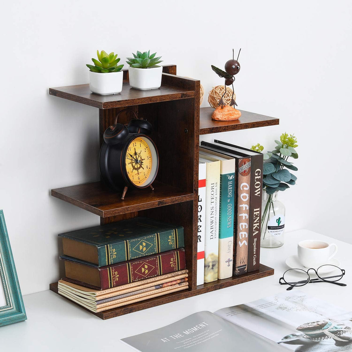 Mass Desktop Bookshelf Freestanding Wooden Countertop Bookcase Accessories Organizer Display Rack Dorm Desk Storage Shelf