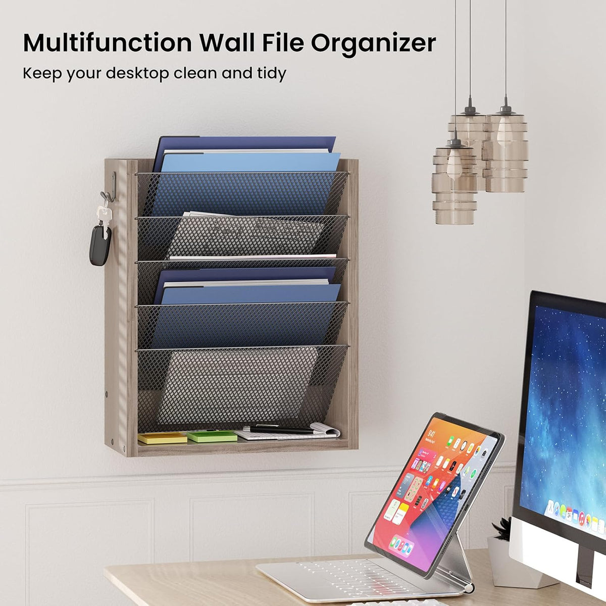 Mail Organizer Wall Mounted, 6-Slot Hanging File Organizer with Key Holder