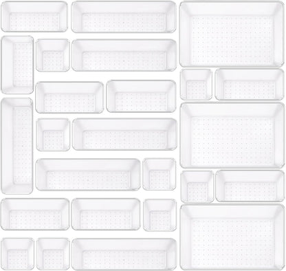 Clear Acrylic Drawer Organizers Set Storage for Makeup, Office Desk Small Vanity Trays for Drawer Bathroom Plastic Make up Organizers 25 Pcs