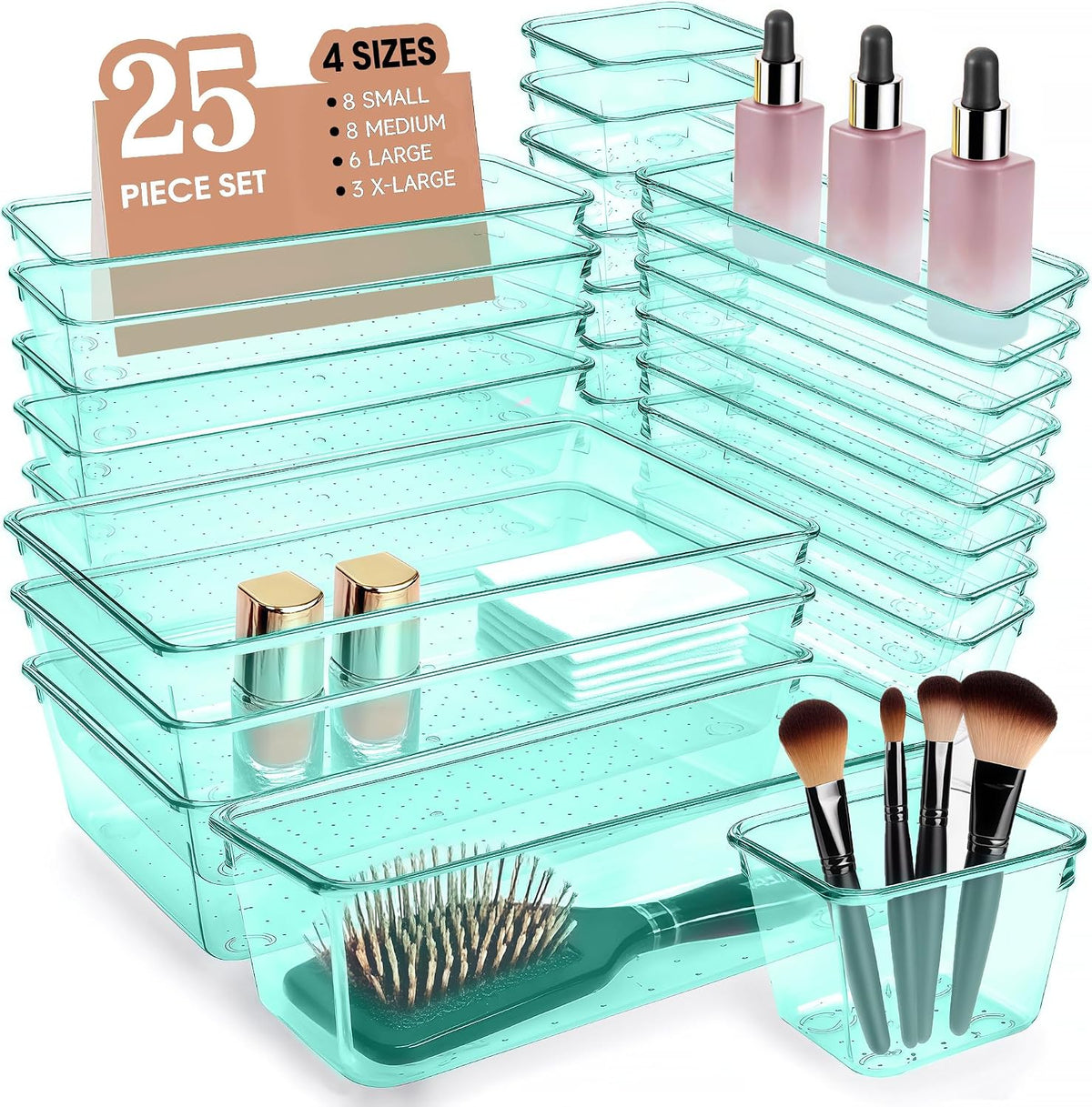 Clear Acrylic Drawer Organizers Set Storage for Makeup, Office Desk Small Vanity Trays for Drawer Bathroom Plastic Make up Organizers 25 Pcs