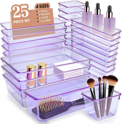 Clear Acrylic Drawer Organizers Set Storage for Makeup, Office Desk Small Vanity Trays for Drawer Bathroom Plastic Make up Organizers 25 Pcs