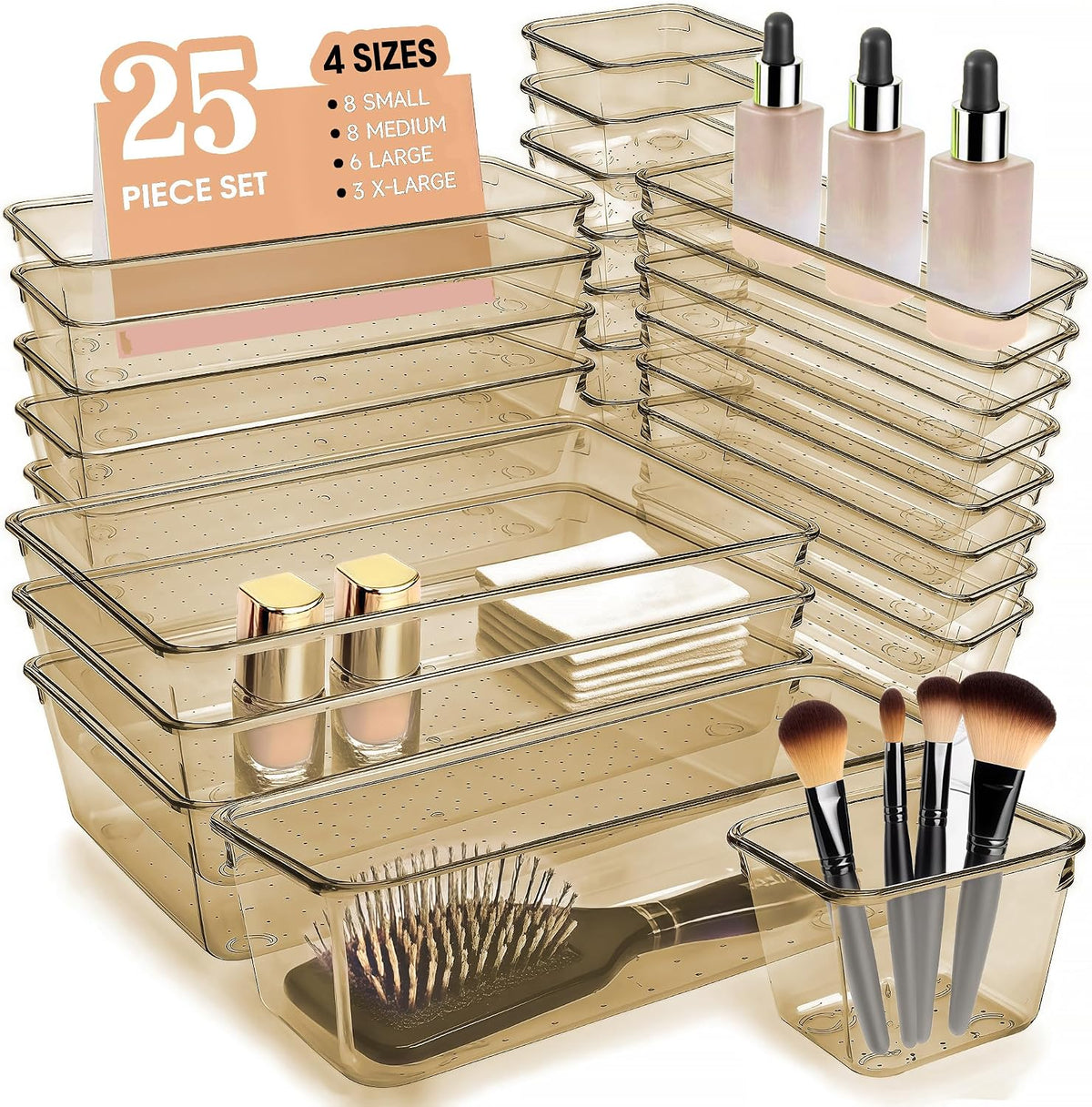 Clear Acrylic Drawer Organizers Set Storage for Makeup, Office Desk Small Vanity Trays for Drawer Bathroom Plastic Make up Organizers 25 Pcs