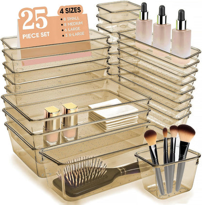 Clear Acrylic Drawer Organizers Set Storage for Makeup, Office Desk Small Vanity Trays for Drawer Bathroom Plastic Make up Organizers 25 Pcs