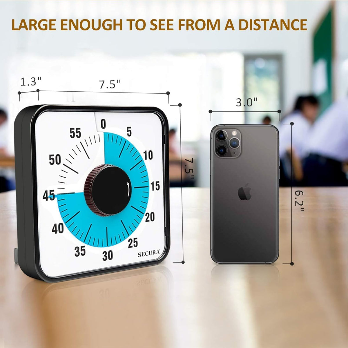 60-Minute Visual Countdown Timer, 7.5-Inch Oversize Classroom Visual Timer for Kids and Adults, Durable Mechanical Kitchen Timer Clock with Magnetic Backing (Blue)