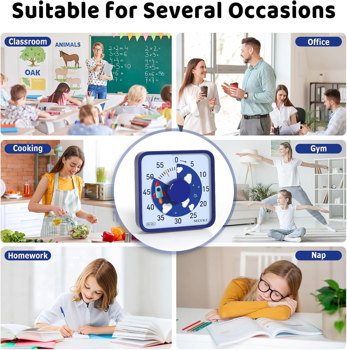 60-Minute Visual Countdown Timer, 7.5-Inch Oversize Classroom Visual Timer for Kids and Adults, Durable Mechanical Kitchen Timer Clock with Magnetic Backing (Blue)
