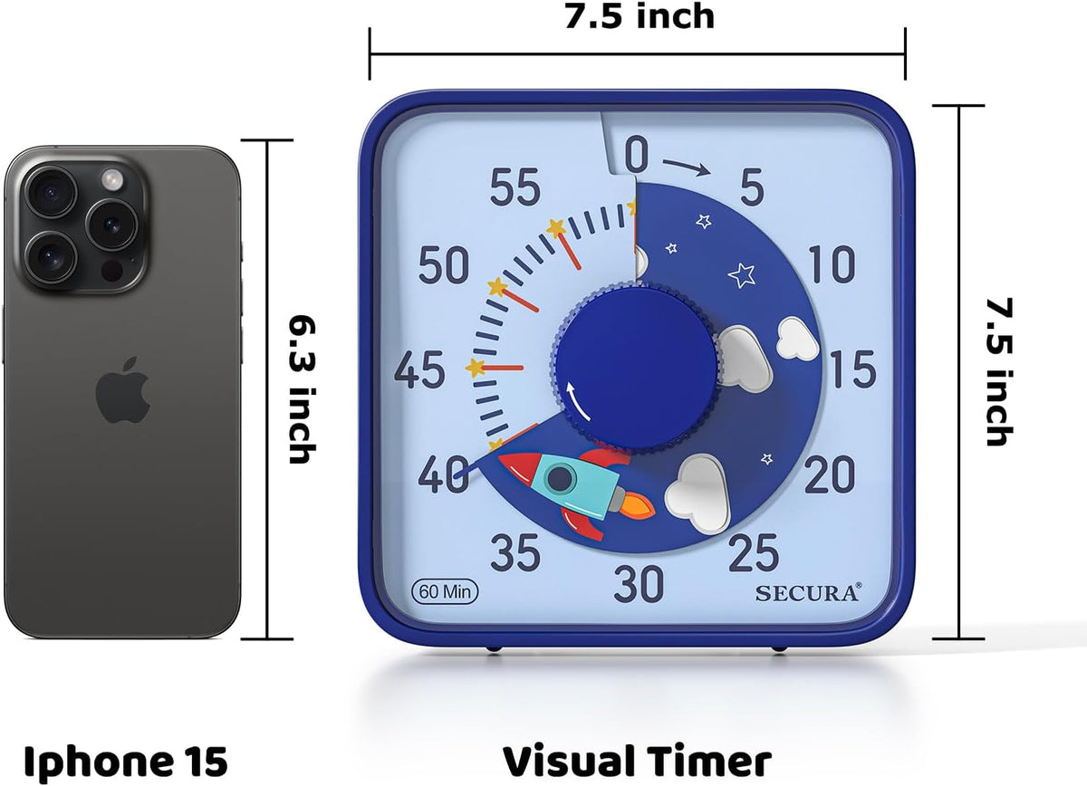 60-Minute Visual Countdown Timer, 7.5-Inch Oversize Classroom Visual Timer for Kids and Adults, Durable Mechanical Kitchen Timer Clock with Magnetic Backing (Blue)
